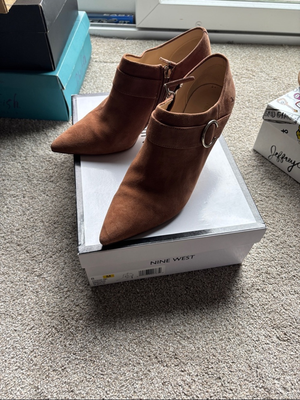 Nine West Brown Suede Pointed-Toe Buckle Ankle Booties